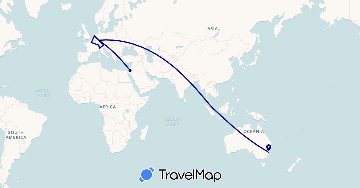 TravelMap itinerary: driving in Austria, Australia, Switzerland, Germany, France, Israel, Italy, Netherlands, Singapore (Asia, Europe, Oceania)